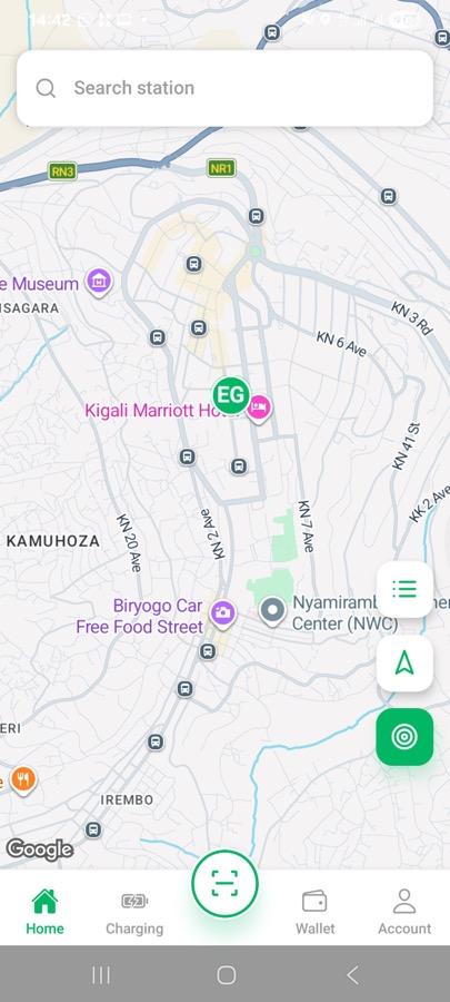 Safari Charge driver app showing charging spots on a map of Kigali