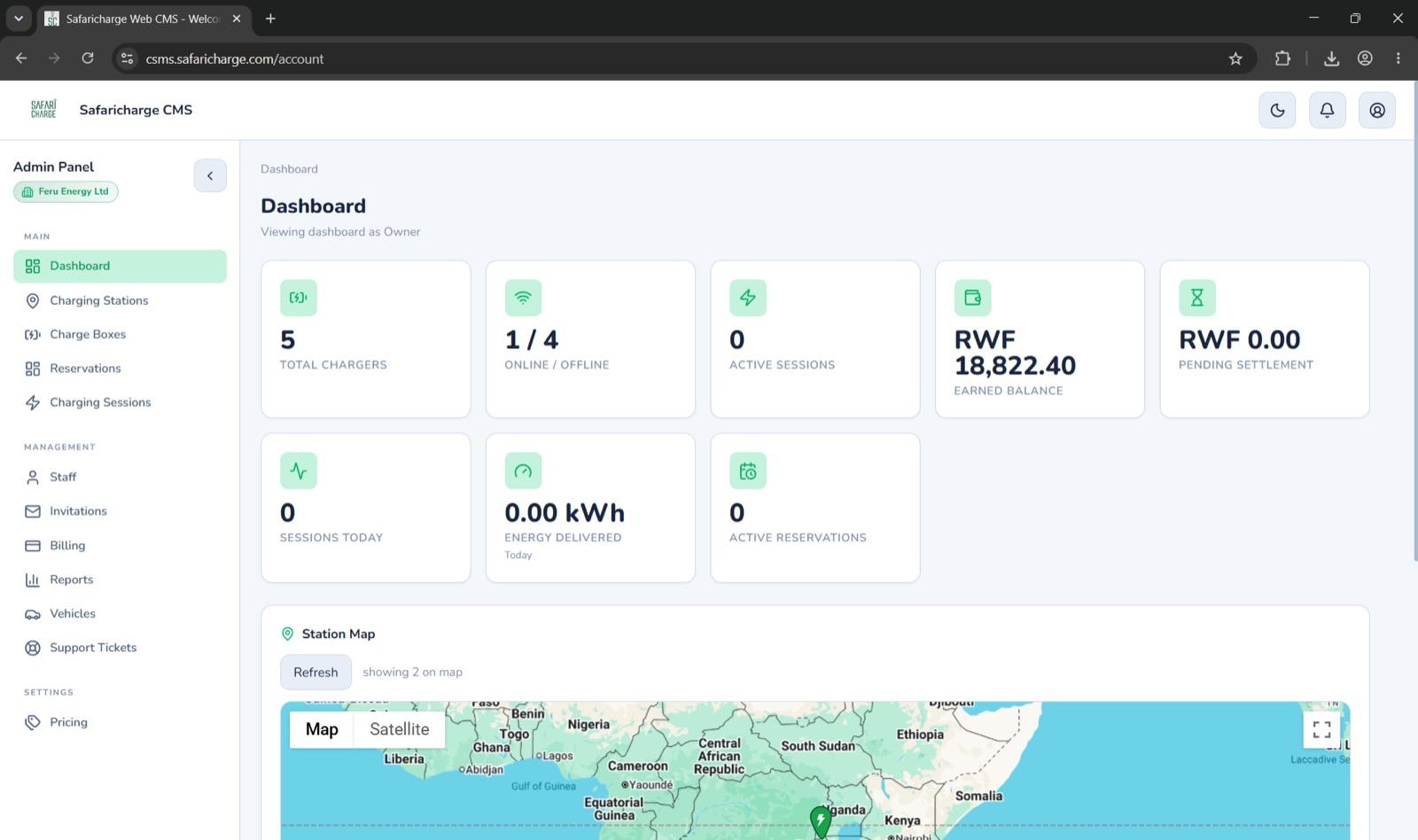 Safari Charge operator dashboard with live stations, energy, and billing